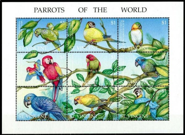 2101 Birds 1995 St Vincent Parrots miniature sheet