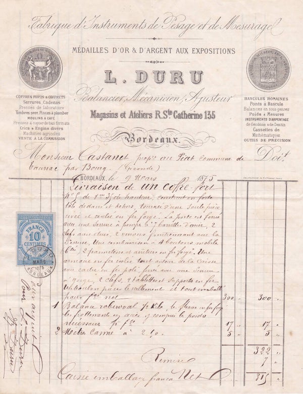 2103 Geodesy 1875 France Instrument maker L Duru Bordeaux invoice