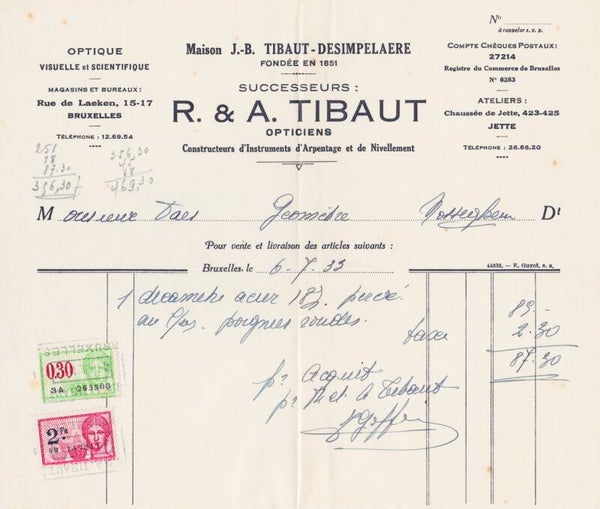 2103 Geodesy 1933 Belgium Instrument maker R&A Tibaut Brussel invoice