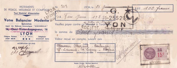 2103 Geodesy 1937 France Instrument maker Votre Balancier Moderne Cheque
