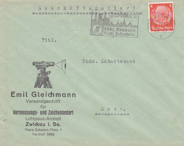 2103 Geodesy 1938 Germany Instrument Leveling Device Organisation Versandgeschäft Emil Gleichmann Zwickau envelope