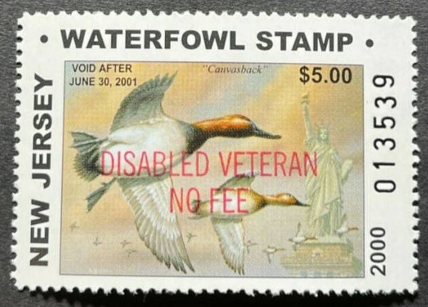 2103 Militarism 2000 USA New Jersey Disabled Veteran no fee waterfowl stamp $5 imprint