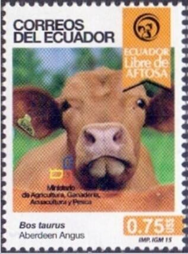 2106 Animals 2015 Ecuador Cattle Cows Aberdeen Angus stamp