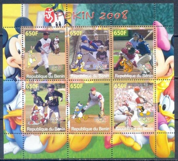 2110 Cartoons Comics BD 2007 Benin Disney Mickey Mouse Baseball Olympic miniature sheet