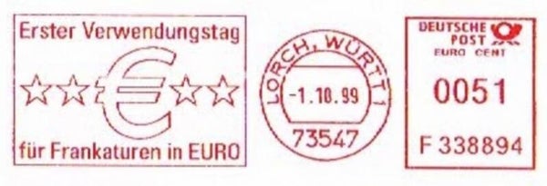 2208 Numismatics 1999 Germany First Day Euro use meter