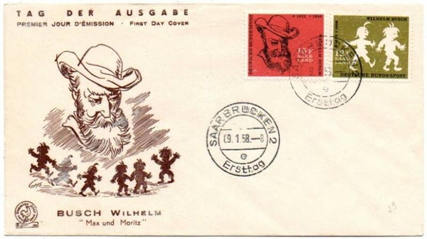 Arts Cartoons Comics BD Max & Moritz by Wilhelm Busch 1958 Germany Saarland FDC