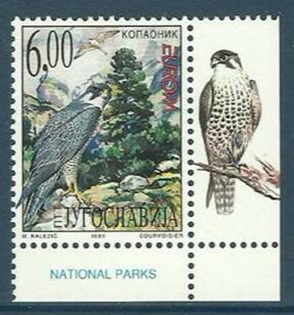 Birds of Prey Falcons (Falco peregrinus) Peregrine Falcon 1999 Yugoslavia stamp with tab