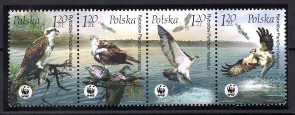 Birds of Prey (Pandion haliaetus) Western Osprey 2003 Poland strip of 4