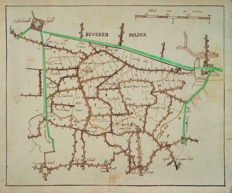 Manuscriptkaart van het Waasland, met daarop de polder van Beveren, Fort Verrebroek en Kallo, na 1688. Inkt en aquarel op papier, 315 × 372 mm. Antwerpen, The Phoebus Foundation