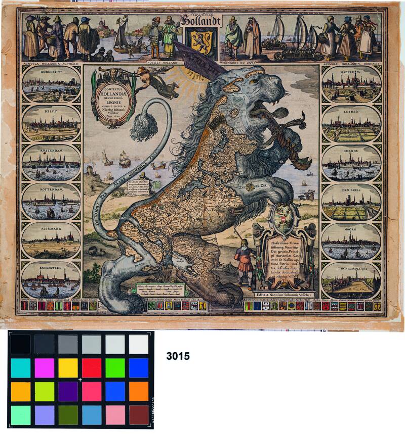 Claes Jansz. Visscher, Comitatus Hollandiae denuo forma Leonis, 1622. Kaart van de provincie Holland in de vorm van een leeuw Ingekleurde kopergravure en ets, 503 × 611 mm. Antwerpen, The Phoebus Foundation