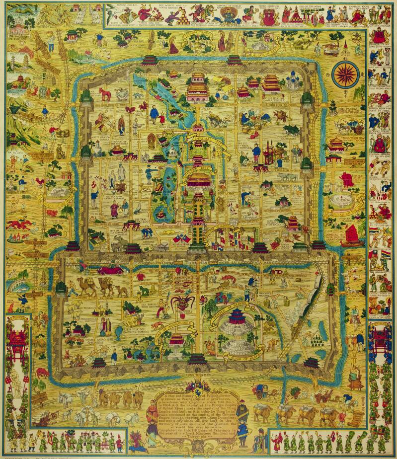 Frank Dorn, Picturale kaart van Peiping (Peking). 1936, Ingekleurde lithografie, 850 × 750 mm. Antwerpen, The Phoebus Foundation