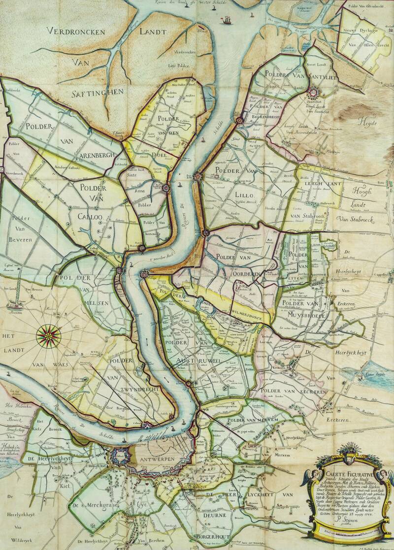 Pieter Balthazar Bouttats, Kaart van de forten, polders, dijken, schorren en slikken rond Antwerpen, 1749. Gravure, 148,4 × 108,2 × 3,8 cm. Antwerpen, The Phoebus Foundation
