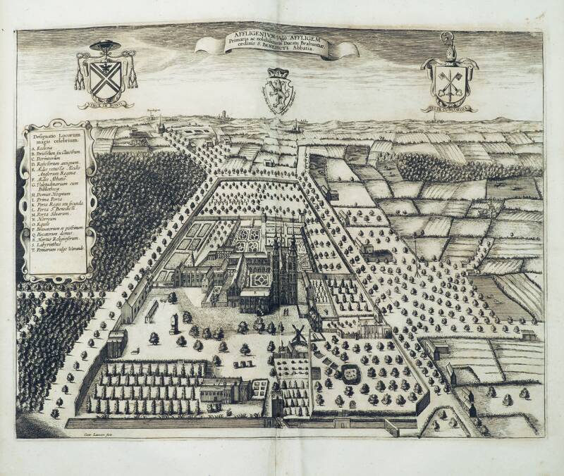 Coenraad Lauwers, Affligenium vulgo Affligem Primaria ac nobilissima in Ducatu Brabantia. Gezicht in vogelvlucht op de Abdij van Affligem. Uit: Antonius Sanderus, Chorographia sacra Brabantiæ, 1659. Antwerpen, The Phoebus Foundation