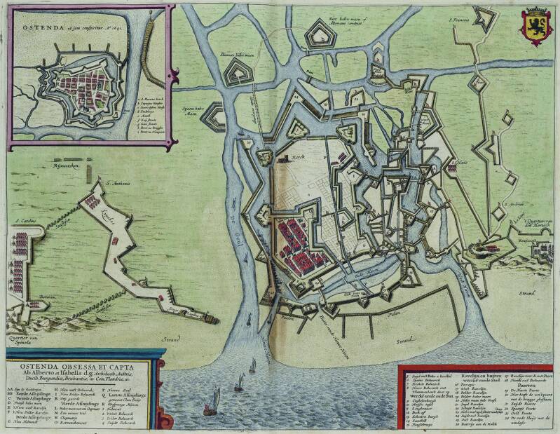Ostenda Obsessa et Capta. Kaart van het Beleg van Oostende van 1601 tot 1604. Uit: Joan Blaeu, Novum ac Magnum Theatrum Urbium Belgicae Regiae, 1649. Antwerpen, The Phoebus Foundation