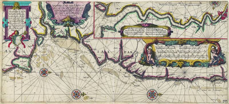 Lucas Jansz. Waghenaer en Joannes van Doetecum, De Zee Custen tußchen Dovere en [de] Orfordts neße, daer de Teemse de Vermaerde Rivire va[n] Lon[d]en gelegens is, met alle sanden ondiepte[n], naer haren wesen en [de] ghedaente, Amsterdam, 1588. Paskaart v