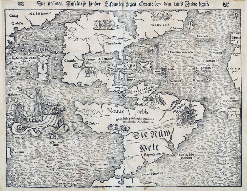 Sebastian Münster, Die neüwen Inseln, so hinder Hispanien gegen Orient bey dem land Indie ligen, 1561. Kaart van Noord- en Zuid-Amerika. Houtsnede, 255 × 337 mm. Antwerpen, The Phoebus Foundation