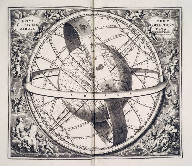 Situs Terrae Circulis Coelestibus Circundatae. Hemelkaart van de ptolemeïsche kijk op het heelal waarop de aarde te zien is. Uit: Andreas Cellarius, Harmonia Macrocosmica, 1708. Antwerpen, The Phoebus Foundation
