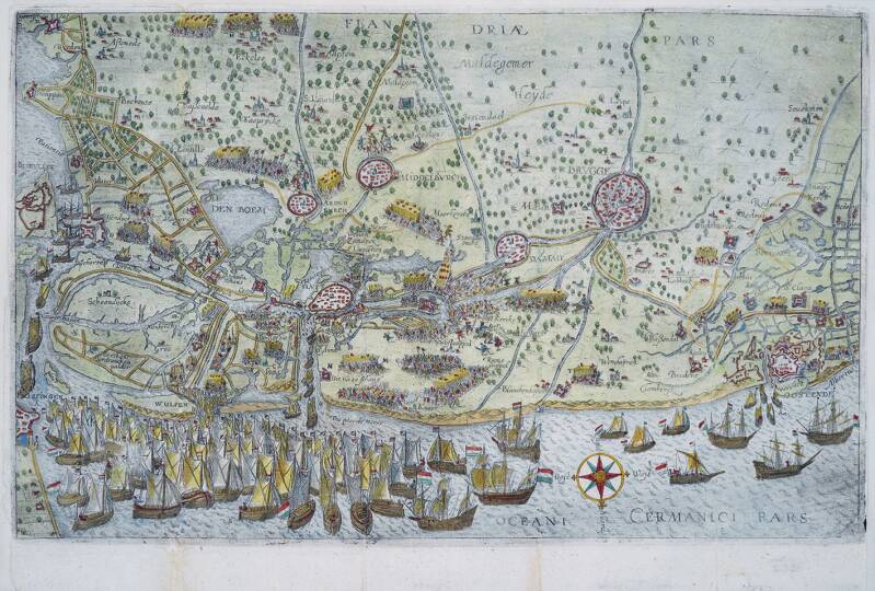 Georg Keller, Kaart van het Brugse Vrije van Biervliet tot Oostende en het Beleg van Sluis, 1605. Ingekleurde ets, 255 × 380 mm. Antwerpen, The Phoebus Foundation