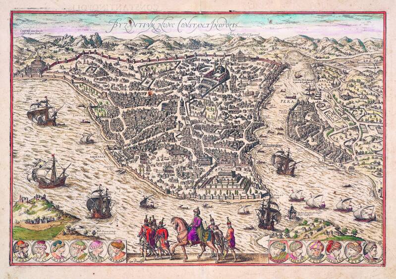 Frans Hogenberg, Byzantium, nunc Constantinopolis, 1575. Vogelvluchtgezicht op Constantinopel. Ingekleurde ets, 235 × 525 mm. Antwerpen, The Phoebus Foundation