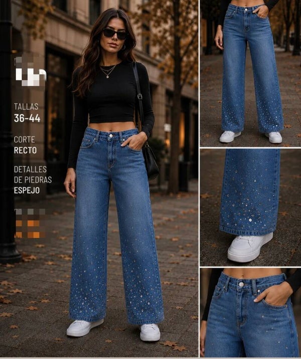 PANTALÓN VAQUERO CON DETALLES DE PIEDRAS ESPEJO