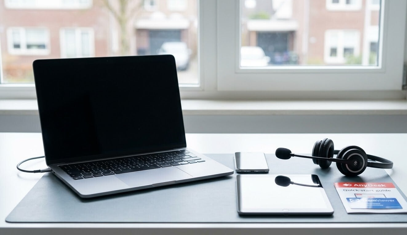 Online computerhulp Veenendaal: headset en TeamViewer commandostation voor beveiligde hulp op afstand.