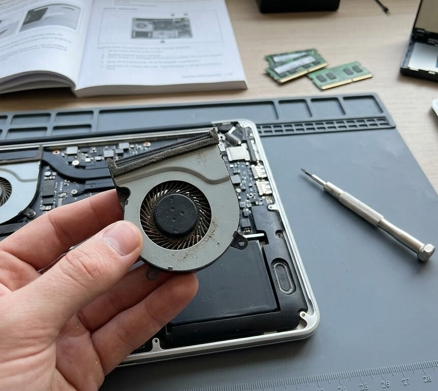 Hardware upgrade Veenendaal: specialist vervangt de stoffige koelventilator van een laptop.
