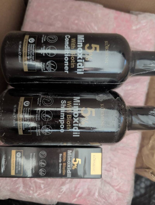 Minoxidil 5% w/ biotin shampoo, conditioner and scalp serum set  ( Kormesic)