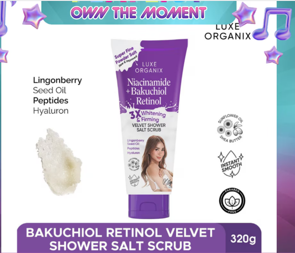 LUXE ORGANIX Niacinamide + Bakuchiol Retinol Velvet Shower Salt Scrub 320g