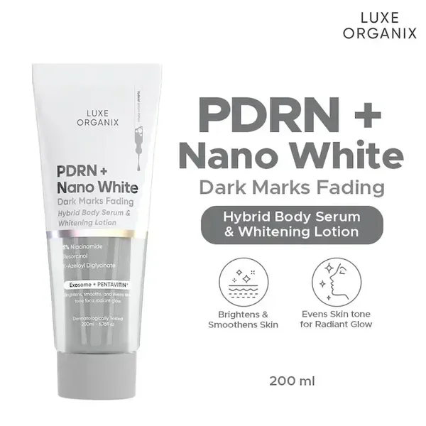 LUXE ORGANIX PDRN Plus Nano White Dark Marks Fading Hybrid Body Serum And Whitening Lotion 200ml