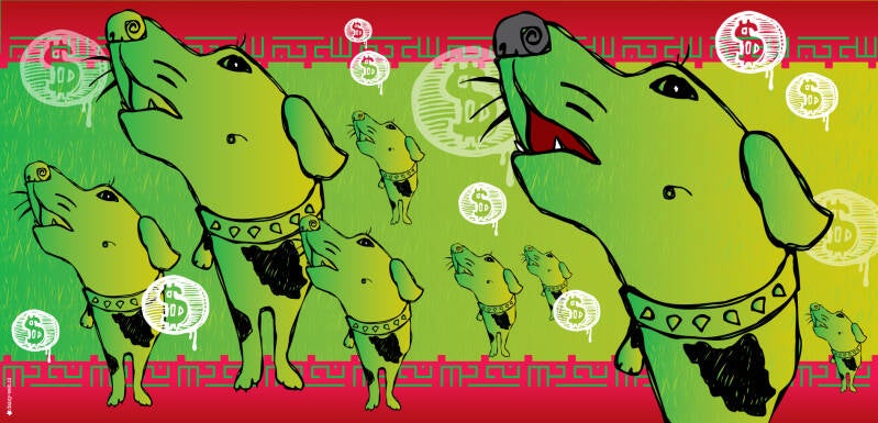 NRC NEXT illustratie bij artikel over Iran, je ziet waakhonden en dollartekens en perzische figuren van een vloerkleed