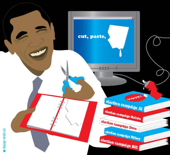 NRC NEXT illustratie bij artikel over Obama tijdens de verkiezingen destijds. Hij houdt een plakboek in zijn had en een schaar. Daarnaast een stapel boeken met election campaign erop van o.a. Hillary Clinton en een computerscherm op de achtergrond met de 