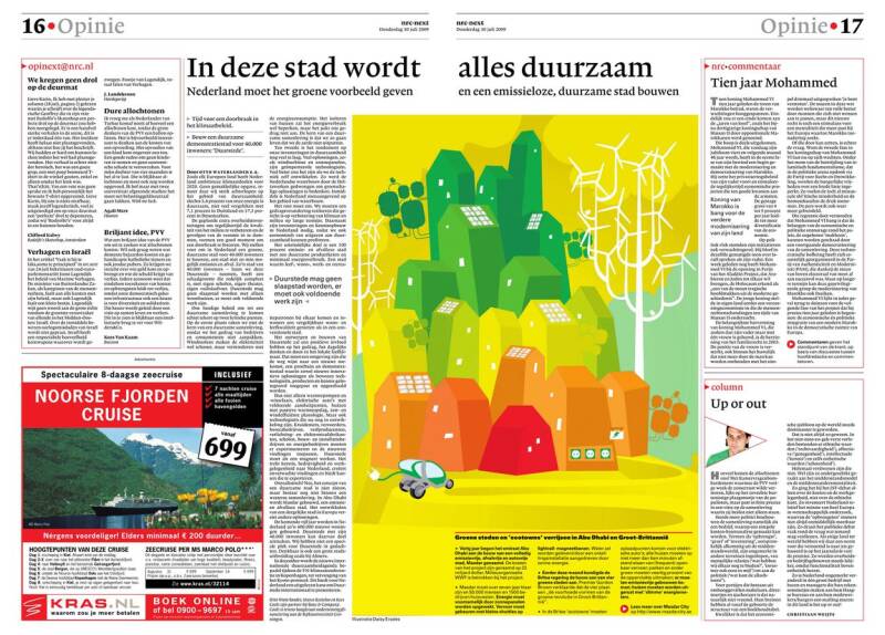 NRC NEXT spread met illustratie bij artikel over de Duurzame stad van de toekomst