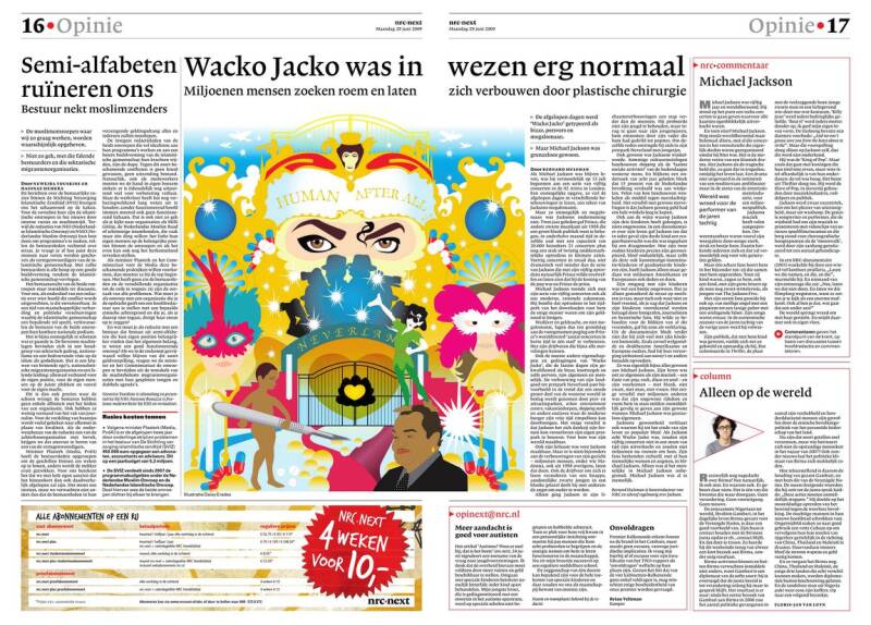 NRC NEXT spread met illustratie bij artikel over de dood van Michael Jackson. Je ziet een illustratie die een impressie is van een LP hoes maar dan met dingen die er gebeurd zijn in zijn leven en dat hij 'human after all is' in plaats van 'human nature'