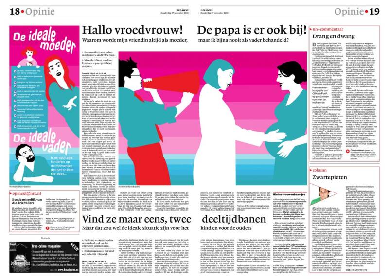 NRC NEXT Spread Illustratie bij een artikel over de mentaliteit van vaders en moeder ten opzichte van deeltijdwerken. Je ziet ook de aandacht op de illustratie van de artsen helemaal naar de moeder gaan. De vader staat met een megafoon aandacht te vragen.