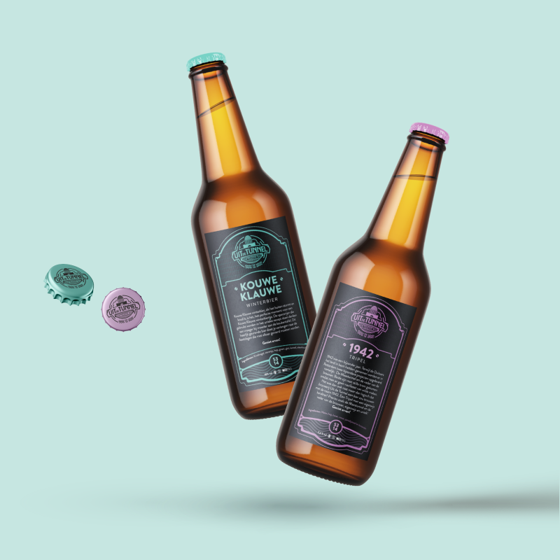 bierbrouwerij uit de tunnel ontwerp achterkant etiket en bierdopjes mockup