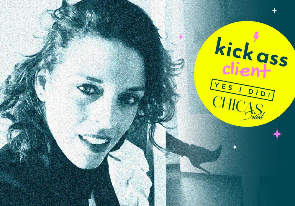 Kick ass client Fleur Kolk. Een portretfoto van haar in groentinten met daarop de sticker Kick ass client