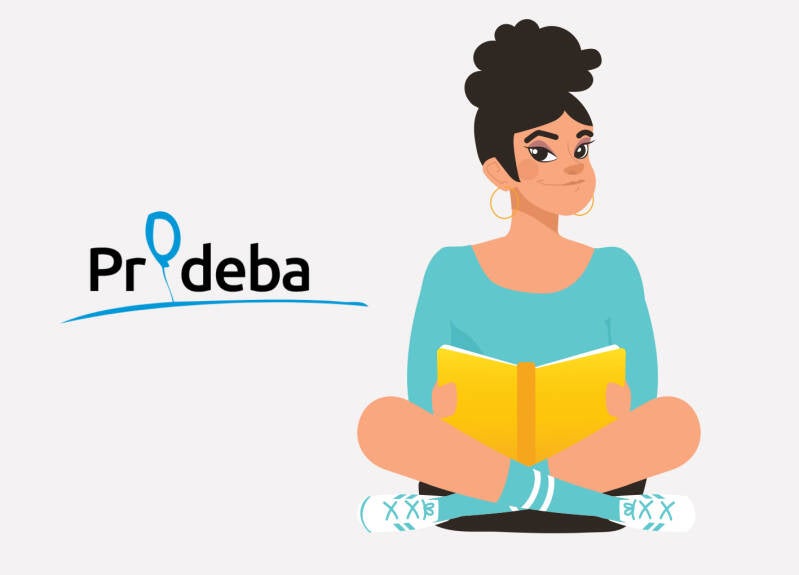 Prodeba, een GGZ instelling voor kinderen, jongeren en jongvolwassenen. Prodeba logo en illustratie van een tienermeisje die een boek leest. Klik op het logo om de hele huisstijl / corporate identity te bezoeken.