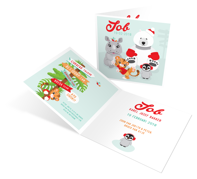 Geboortekaartje van Job Bakker, met een ijsbeer als pappa, de neushoorn als mamma, het tijgertje als grote broer Gijs en het pinguinnetje als Job. Aan de binnenkant wegwijzerborden met alle bestemmingen en geboorteplaatsen van de gezinsleden
