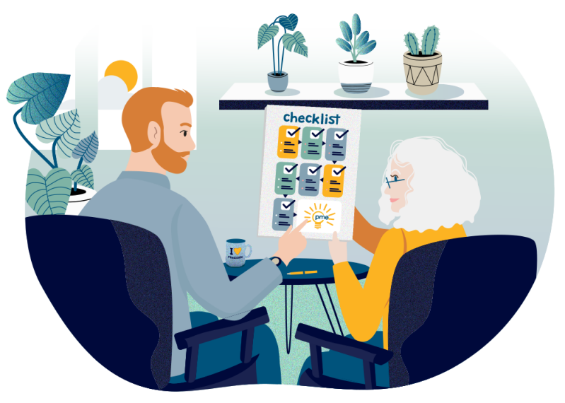 De vrouw van middelbare leeftijd neemt met de pensioenadviseur een checklist door. Samen zitten ze in fauteuils, met op het tafeltje een pen en de mok met I Love pensioen erop.