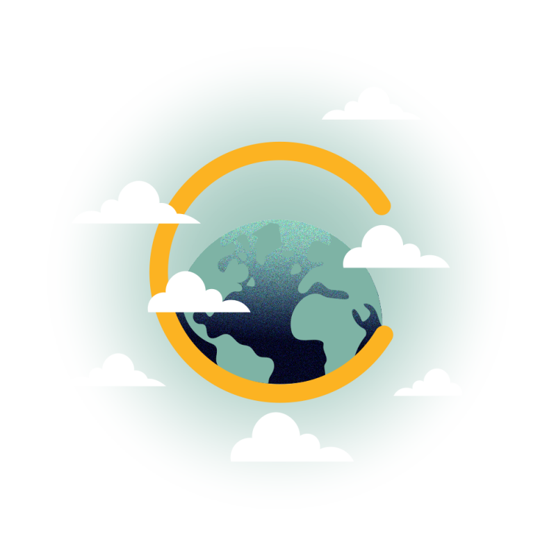 Kleinere ringillustratie van de gele ring uit het PME logo met daarin de wereldbol en wolkjes.