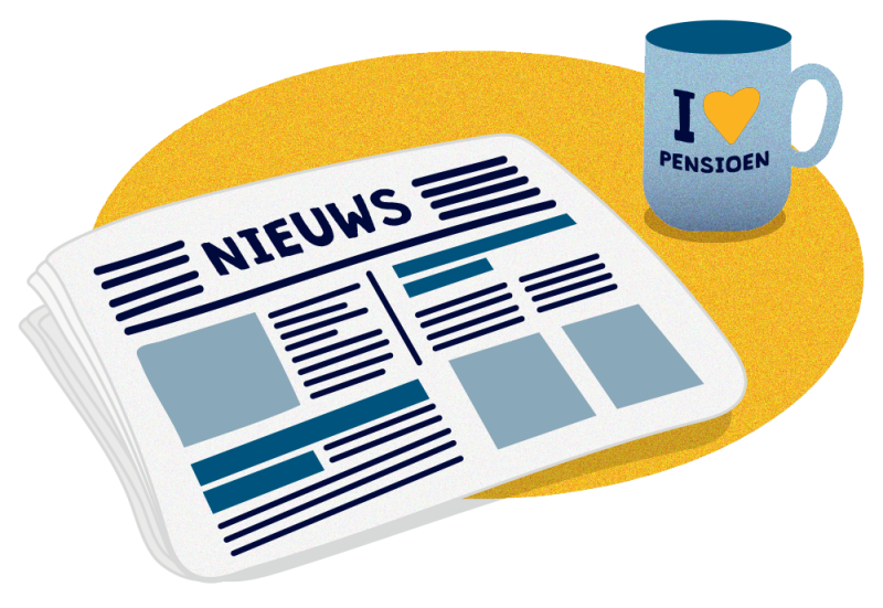 Spotillustratie van een krantje met de mom met I love pensioen erop
