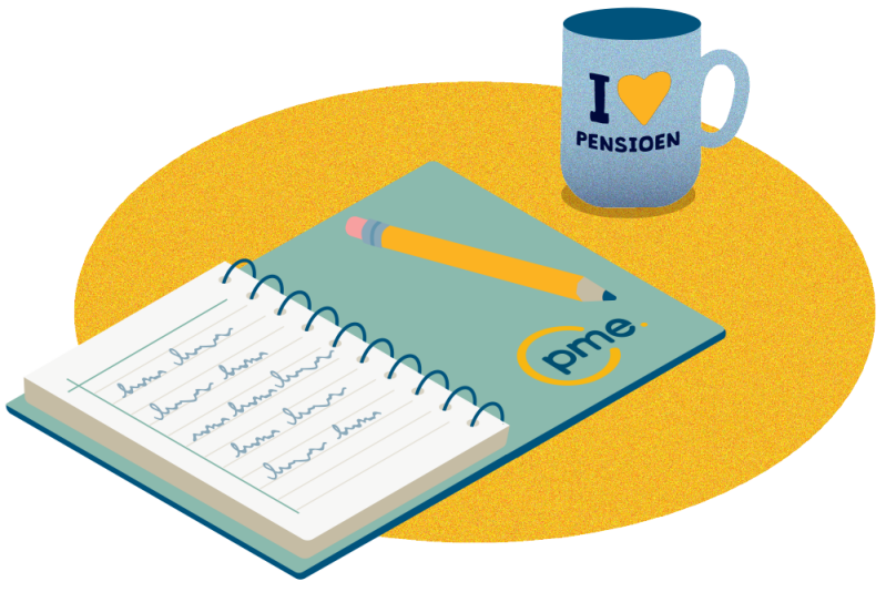 Een notitieboekje met een potlood, daarnaast staat een mok met een hartje erop en de tekst I Love pensioen.