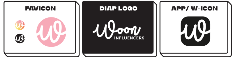 Drie blokjes met daarin de favicon van de website, het diapositieve logo en de app-icon