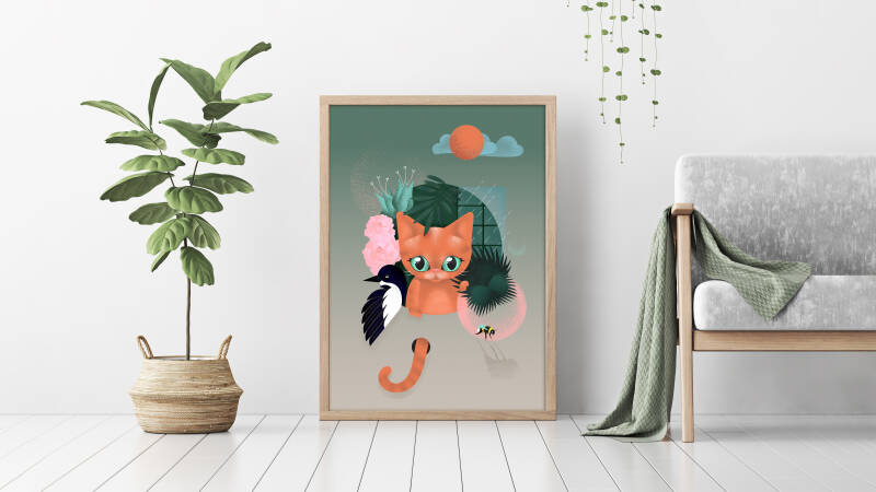 Kick ass pet portraits; een Adobe Illustrator illustratie van een rode kat, een hommel en een ekster in een gestileerde omgeving met een raam op de achtergrond en bloemen en bladeren eromheen