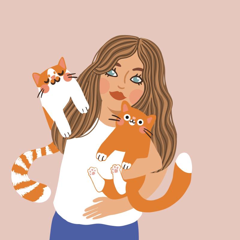 Kick ass pet portraits; een Procreate digitale illustratie van Daisy met haar twee rode katten Ginger en Rebel. Deze illustratiestijl is gestileerd.