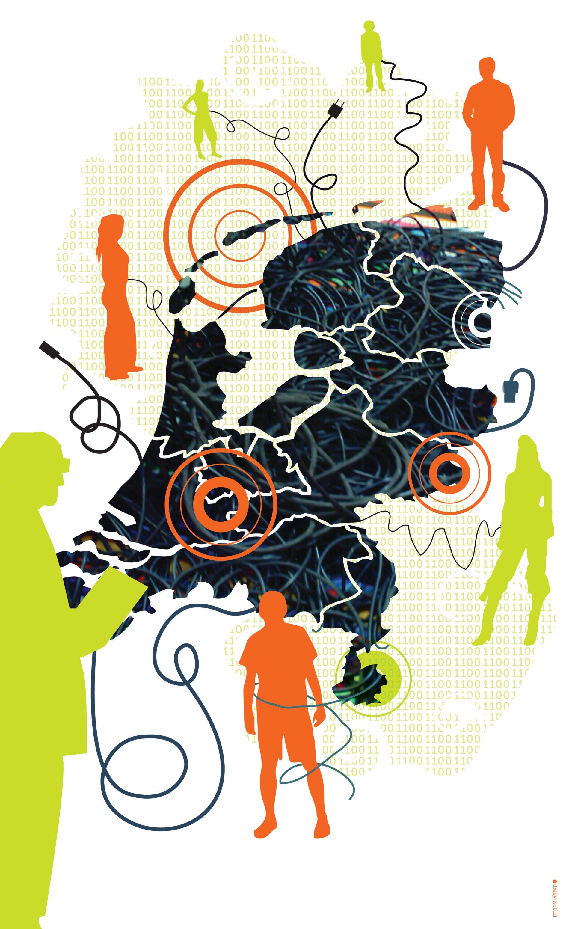 NRC NEXT Illustratie bij een artikel over netwerken in Nederland. Je ziet een kaart van Nederland met mensen en kabels die connecten