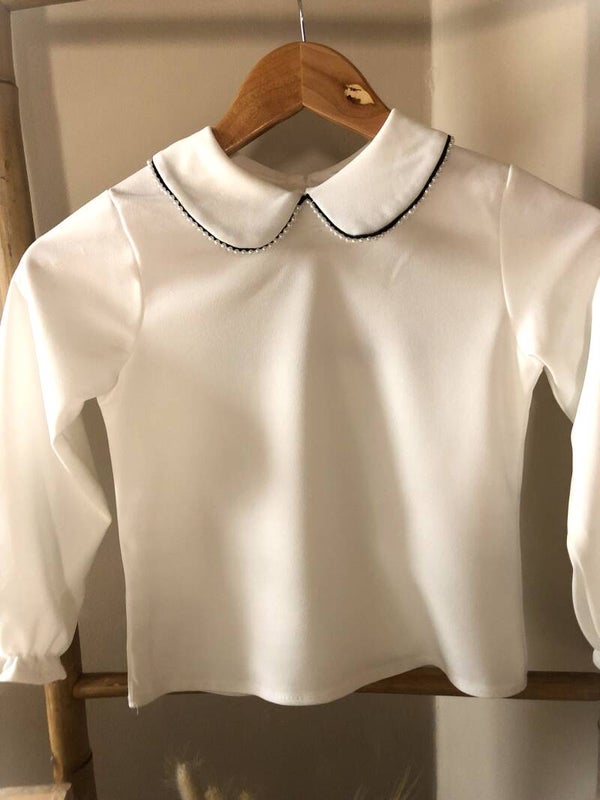 Top Col Claudine Perlé Manches Longues Blanc