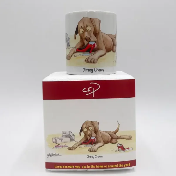 Ceramic mug featuring dog cartoon by Alex Underdown. Jimmy Chews