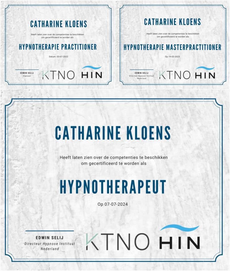 diploma's tot hypnotherapeut van Catharine Kloens van Angstvrij met Kloens