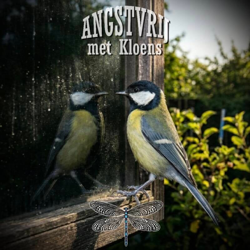 Koolmees die zichzelf aanvalt in spiegelbeeld in raam — illustratie bij blog over angst en zelfbewustzijn